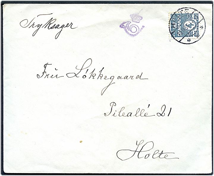 4 øre Bølgelinie på lokal tryksag i Holte d. 28.1.1936. Violet tryksagskontrol stempel Kronet Posthorn.