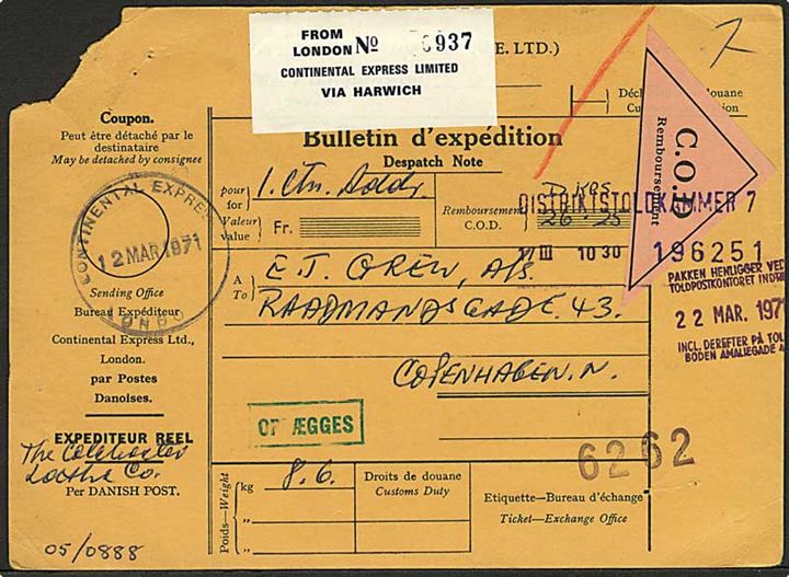 Continental Express London adressekort for pakke fra London d. 12.3.1971 via Harwich til København, Danmark. Interessant forsendelse fra den britiske poststrejke i 1971.