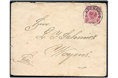 10 pfg. Adler på brev annulleret med enringsstempel Apenrade d. 10.2.1890 til Woyens.