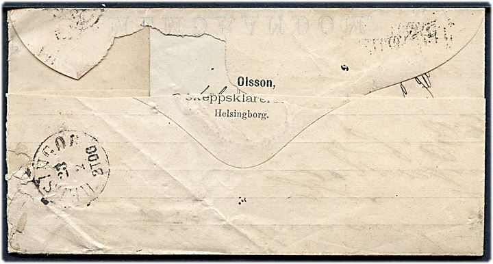 12 öre Ringtype på brev fra Helsingborg annulleret med dansk nr.-stempel 24 og sidestemplet Fra Sverrig til Helsingør. På bagsiden ank.stemplet Helsingør d. 23.2.1874.