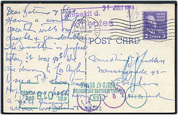 Amerikansk 3 cents Jefferson på underfrankeret brevkort fra Ventura d. 8.7.1954 til København, Danmark. Udtakseret i 18 øre porto med grønt portomaskinsstempel d. 30.7.1954. 