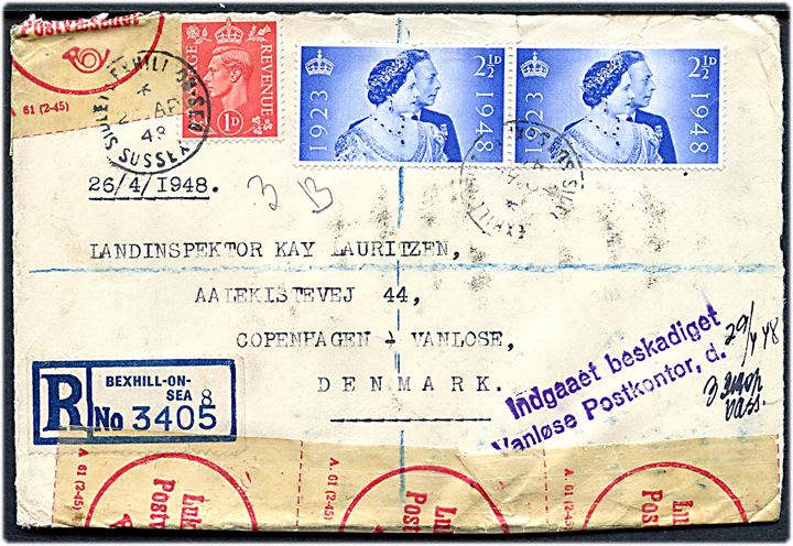 1d George VI og 2½d Silver Jubilee i parstykke på anbefalet brev fra Bexhill-on-Sea d. 26.4.1948 til København, Danmark. Lukket med postoblater Lukket af Postvæsenet og stemplet Indgaaet beskadiget / Vanløse postkontor.