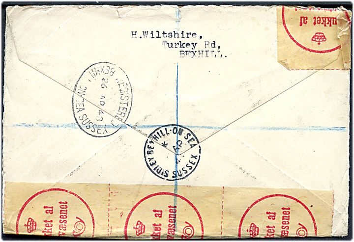 1d George VI og 2½d Silver Jubilee i parstykke på anbefalet brev fra Bexhill-on-Sea d. 26.4.1948 til København, Danmark. Lukket med postoblater Lukket af Postvæsenet og stemplet Indgaaet beskadiget / Vanløse postkontor.