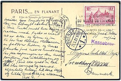 90 c. på brevkort fra Paris d. 27.5.1937 til Odense, Danmark - privat omadresseret og eftersendt til Svendborg med liniestempel Kassebrev.