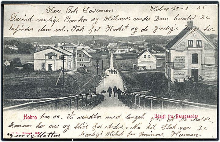5 øre Våben på brevkort (Hobro, udsigt fra Banegården) annulleret med bureaustempel Fredericia - Aalborg T.968 d. 29.8.1905 til Gentofte.