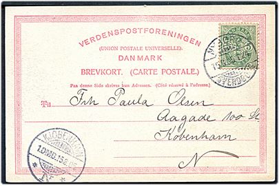 5 øre Våben på brevkort (Tankefuld strand ved Svendborg) annulleret med bureaustempel Nyborg - Svendborg T.24 d. 15.8.1905 til København.