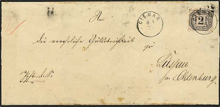 NDP 2 gr. Tjenestemærke single på tjenestebrev fra Cismar d. 8.1.1871 til Lussau pr. Oldenburg.