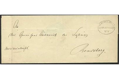 1849-1850. Militaria brev fra Treårskrigen med ovalt feltpoststempel Schleswig. Holst. Feldpost No.1 til Rendsburg.