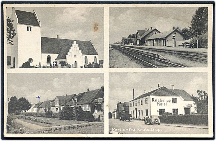 Knabstrup, Kirke, Station, Hotel mm. P. Andersen no. 1493-20847-48-49. Lille fugtskade. 