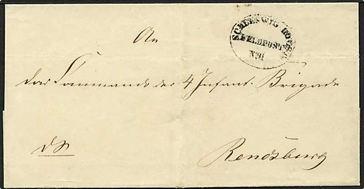 1849-1850. Tjenestebrev brev fra Treårskrigen med ovalt feltpoststempel Schleswig. Holst. Feldpost No.II til Rendsburg.