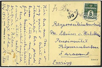 5 øre Bølgelinie på brevkort fra Helsingør annulleret med svensk bureaustempel PKXP No. d. 3.8.1913 med håndskrevet: Fr. Danmark til Farsund, Sverige.