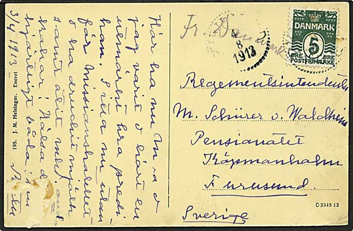 5 øre Bølgelinie på brevkort fra Helsingør annulleret med svensk bureaustempel PKXP No. d. 3.8.1913 med håndskrevet: Fr. Danmark til Farsund, Sverige.