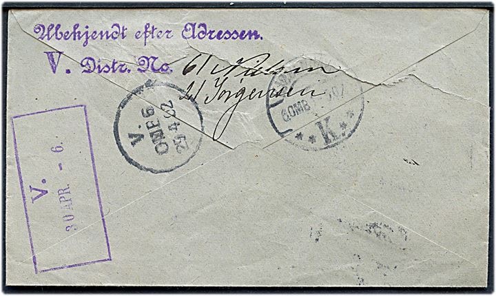 4 øre Tofarvet omv. rm. på lokalbrev i Kjøbenhavn d. 29.4.1902. Retur som ubekendt med violet rammestempel: V. d. 30.4.1902.
