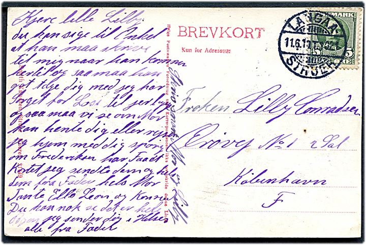 5 øre Fr. VIII på brevkort (Struer set fra kirketårnet) annulleret med bureaustempel Langaa - Struer T.1021 d. 11.6.1910 til København.