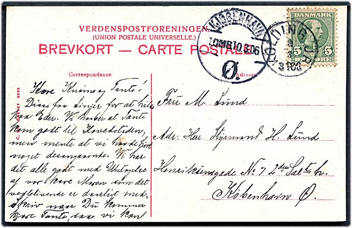 5 øre Chr. IX på brevkort (Hilsen fra Kolding ved nat) annulleret med lapidar Kolding JB. d. 9.3.1906 til København. Lapidarstempel benyttet som reservestempel i perioden 9.-25.3.1906. 4 dage tidligere end registreret i Skilling.