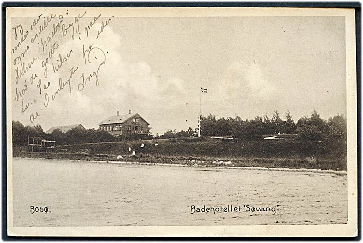 5 øre Chr. X på brevkort (Badehotellet Søvang, Bogø) dateret på Bogø og annulleret med bureaustempel Kjøbenhavn - Nykjøbing F. T. 92 d. 3.8.1918 til København.