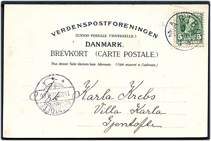 5 øre Chr. IX på brevkort annulleret med lapidar Maribo d. 9.6.1906 til Gentofte. Lapidar stempel benyttet som reservestempel i perioden 7.-29.6.1906.