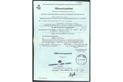 Afleveringsattest - F.71 (1-42 A5) - for brev fra Dommeren i Løve Herred i Høng til Reerslev pr. Ruds Vedby. Stemplet brotype IIIc Ruds-Vedby d. 20.7.1944.