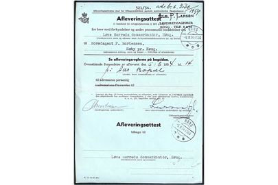 Afleveringsattest - F.71 (2-51 A5) - for brev fra Løve Herreds Dommerkontor i Høng til Sæby pr. Høng. Stemplet Høng d. 5.8.1954.