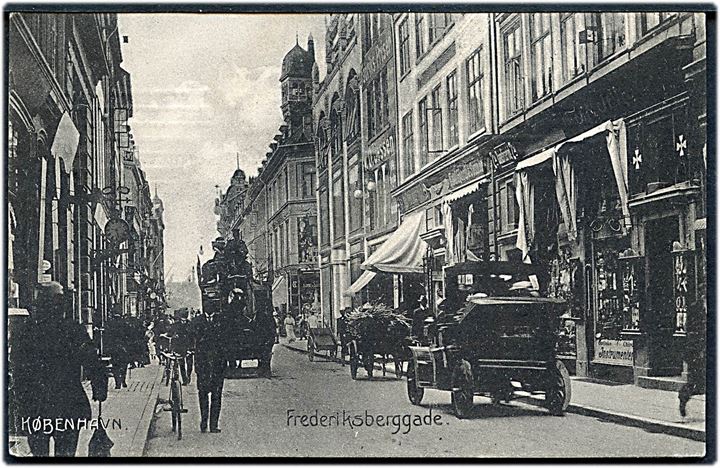 Købh., Frederiksberggade med hestetrukken omnibus og automobil. Stenders no. 15458.