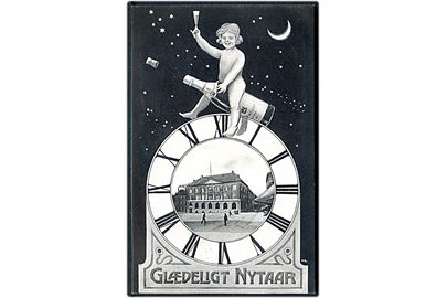 Vejle, Glædeligt Nytaar med champagne og prospekt. Tegnet af Wilfred Glud. C. Neumann u/no.