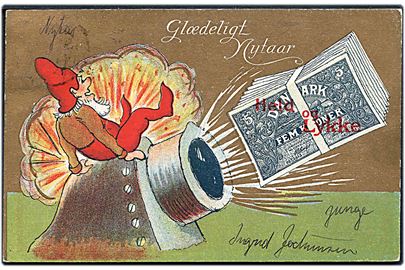 Nisse med kanon og bundt 5 kr. sedler. Glædeligt Nytaar. A. Vincent serie 179/3.
