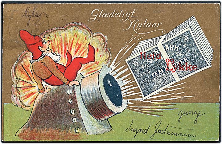 Nisse med kanon og bundt 5 kr. sedler. Glædeligt Nytaar. A. Vincent serie 179/3.