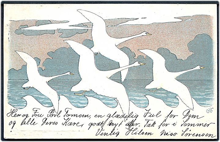 G. H. Flyvende svaner. Tuborgs Jubilæums Postkort u/no. Jubilæums-tiltryk bort raderet på billedsiden.