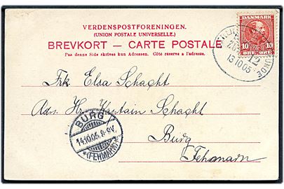 10 øre Chr. IX på brevkort dateret i Gedser annulleret med tysk bureaustempel Berlin - Warnemünde Bahnpost Zug 12 d. 13.10.1905 til Burg på Fehmarn, Tyskland.