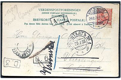 10 øre Chr. IX på brevkort fra Helsingør d. 24.8.1905 til sømand ombord på S/S Ulrich Holm i Vliessingen, Holland - eftersendt til Kronstadt, Rusland.