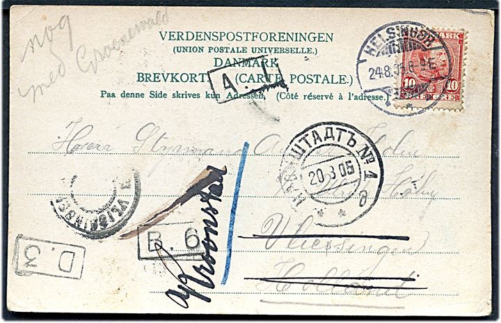 10 øre Chr. IX på brevkort fra Helsingør d. 24.8.1905 til sømand ombord på S/S Ulrich Holm i Vliessingen, Holland - eftersendt til Kronstadt, Rusland.