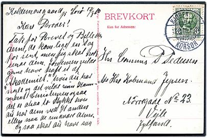 5 øre Fr. VIII på brevkort dateret Koldemosegaard pr. Sorø annulleret med bureaustempel Kjøbenhavn - Korsør T.37 d. 17.8.1910 til Vejle.