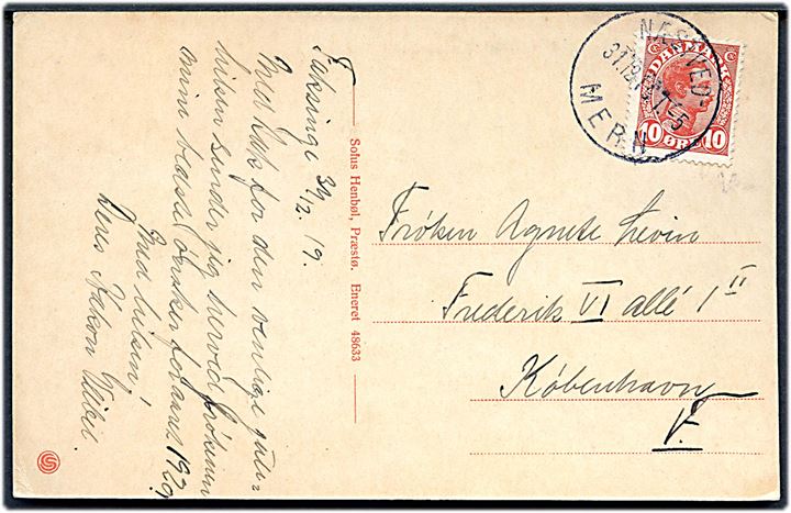 10 øre Chr. X på brevkort dateret i Faksinge annulleret med bureaustempel Næstved - Mern T.5 d. 31.12.1919 til København.