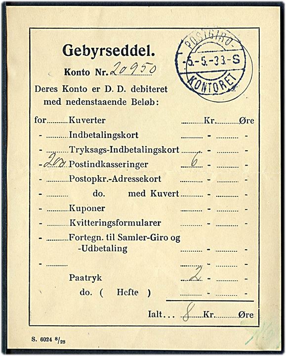 Gebyrseddel formular S. 6024 8/28 med brotype stempel IIi Postgiro- Kontoret litra S d. 5.5.1933.