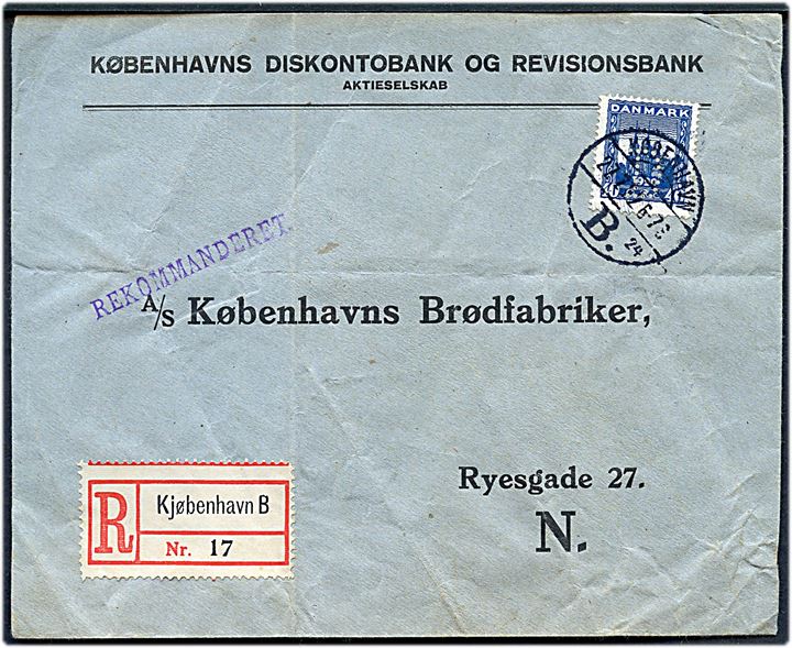 40 øre Genforening med perfin D på firmakuvert fra Københavns Diskontobank og Revisionsbank sendt som anbefalet lokalbrev og annulleret brotype Vb København B. sn24 d. 27.7.1922. Fold.