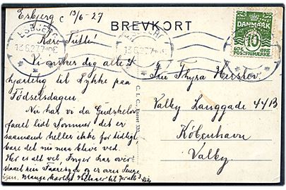 10 øre Bølgelinie med perfin NOMA (A/S Fabrikken Noma) på brevkort (Esbjerg, Pavillonen i Anlægget) fra Esbjerg d. 13.6.1927 til København.