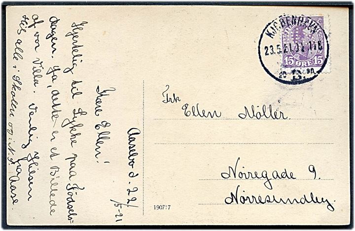 15 øre Chr. X med perfin W.S. (Wilhelm Staun) på brevkort (Ejendommen Aasebo) fra Kjøbenhavn d. 23.5.1921 til Nørresundby. Privat anvendelse af frimærke med perfin.