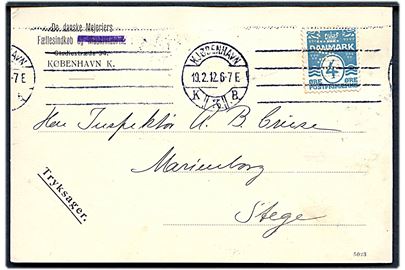 4 øre Bølgelinie med perfin D.M.F. på tryksagskort fra De danske Mejeriers Fællesindkøb i Kjøbenhavn d. 19.2.1912 til Stege.