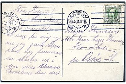 5 øre Fr. VIII med perfin D.D.P.A. (Det danske Petroleums Aktieselskab) på brevkort fra Kjøbenhavn d. 3.5.1911 til Ho pr. Oxbøl St.