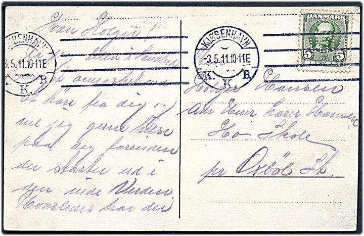 5 øre Fr. VIII med perfin D.D.P.A. (Det danske Petroleums Aktieselskab) på brevkort fra Kjøbenhavn d. 3.5.1911 til Ho pr. Oxbøl St.
