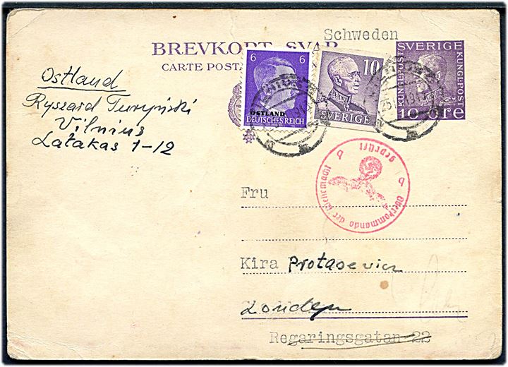 10 öre svardel af dobbelt helsagsbrevkort opfrankeret med 10 öre Gustaf og tysk 6 pfg. Hitler Ostland provisorium fra Vilnius d. 25.3.1943 til Sverige. Tysk censur fra Berlin.