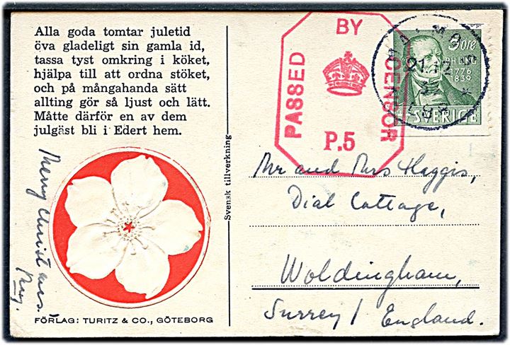 5 öre P.H.Ling på julekort sendt som tryksag fra Malmö d. 21.12.1939 til Woldingham, England. Britisk censur: Passed by Censor P.5.