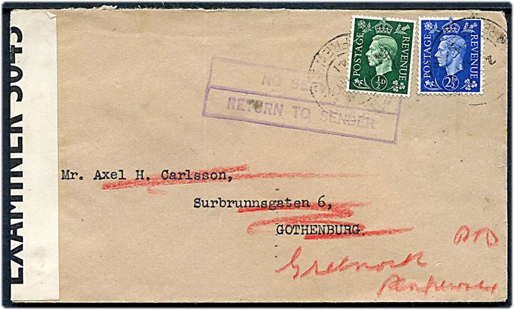 ½d og 2d George VI på brev fra Greenock d. 9.5.1941 til Göteborg, Sverige. Åbnet af britisk censur PC90/3045 og returneret fra London d. 15.9.1941 med stempel No Service / Return to sender.