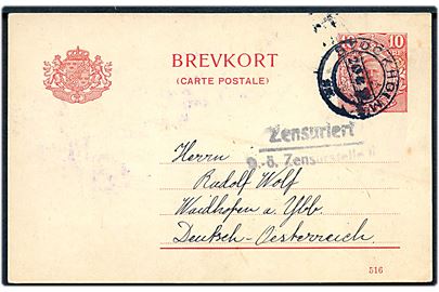 10 öre Gustaf helsagsbrevkort fra Stockholm d. 24.4.1919 til Waidhofen, Østrig. 2-linie censurstempel: Zensuriert / D.-ö. Zensurstelle.