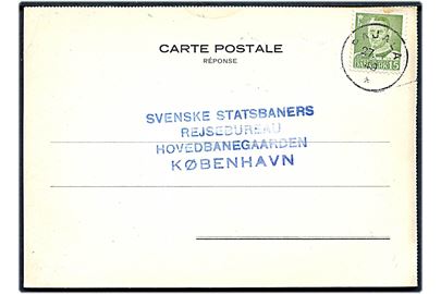 15 øre Fr. IX på svarbrevkort annulleret med svensk stempel i Pajala d. 27.6.1949 til Svenske Statsbaners Rejsebureau i København.