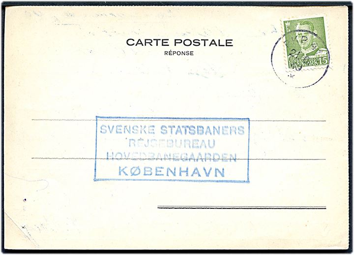 15 øre Fr. IX på svarbrevkort fra Kalmar annulleret med svensk bureaustempel PKP 418 (= Nässjö-Kalmar) d. 21.9.1949 til Svenske Statsbaners Rejsebureau i København.