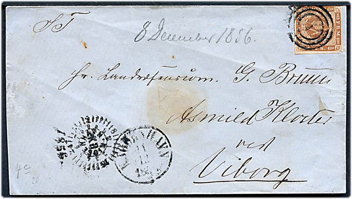 4 sk. 1854 udg. på brev annulleret med nr.stempel 1 og sidestemplet kompasstempel Kiøbenhavn d. 10.12.1856 og antiqua Kjøbenhavn d. 11.12.1856 til Asmind Kloster ved Viborg.