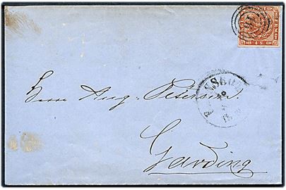 4 sk. 1858 udg. på brev annulleret med nr.stempel 16 og sidestemplet Flensburg d. 18.8.1859 til Garding.