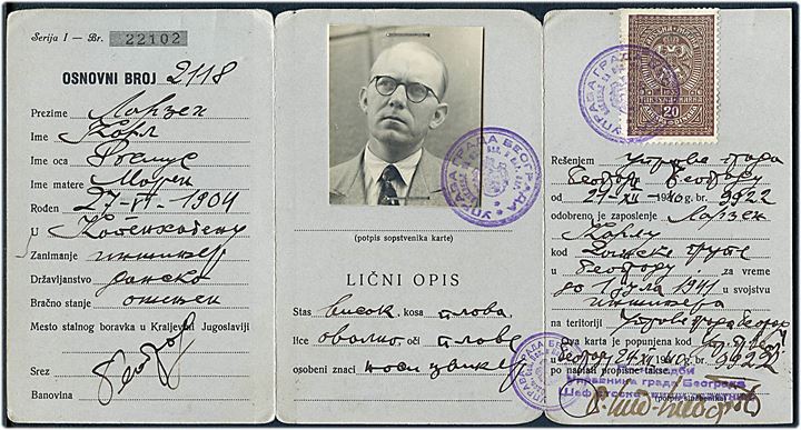 Karta Zanimanja identitetskort med foto og 20 din. stempelmærke udstedt i Beograd d. 24.12.1940.