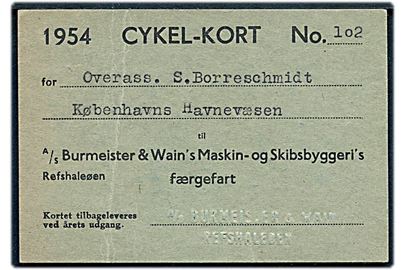 A/S Burmeister & Wain's Maskin- og Skibsbyggeri's færgefart. CYKEL-KORT 1954 med prægestempel. Fold.